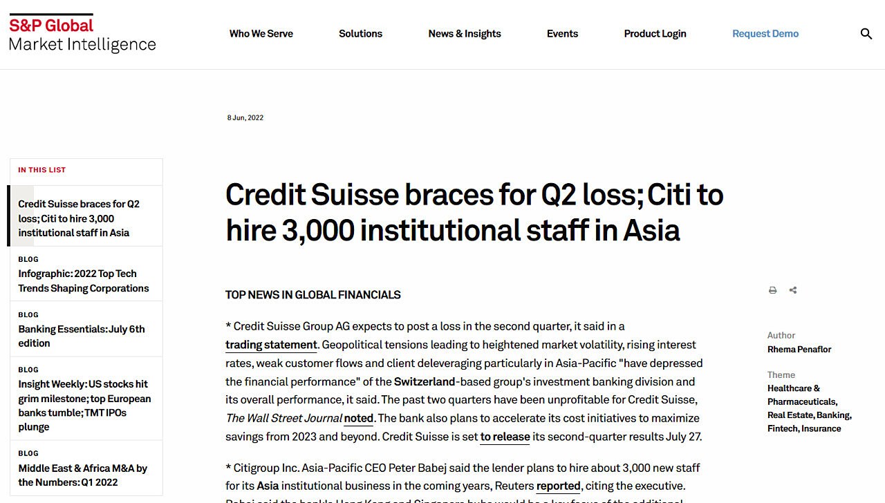 Credit Suisse braces for Q2 loss; Citi to hire 3,000 institutional staff in Asia